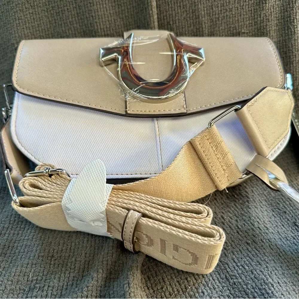 True-religion denim saddlebag purse - taupe and white
